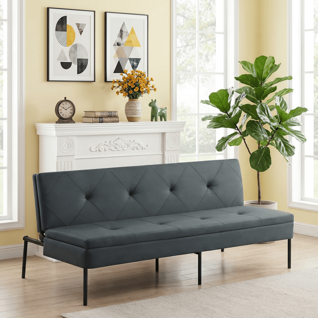 BSHTI 63.39" Futon Sofa Bed, 5-Position Adjustable Convertible Sleeper with Sturdy Iron Frame, Modern Polyester Fabric, for Small Space, Apartment, Living Room, Gray