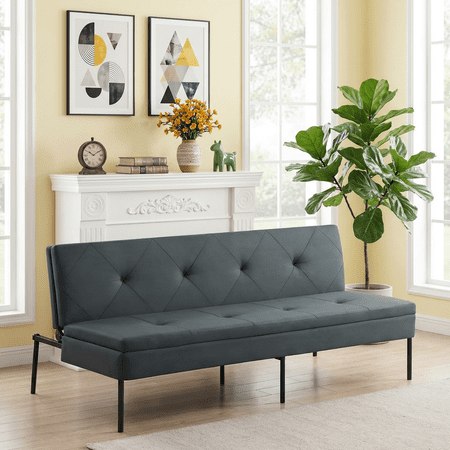 BSHTI 63.39" Futon Sofa Bed, 5-Position Adjustable Convertible Sleeper with Sturdy Iron Frame, Modern Polyester Fabric, for Small Space, Apartment, Living Room, Gray