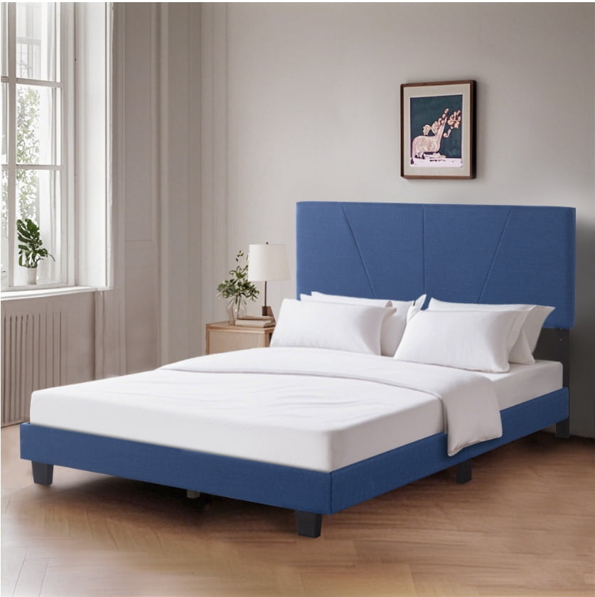 BSHTI 63.8”Queen Size Platform Bed Frame,Sophisticated Look,Upholstered Headboard and Wood Slats Support,Linen-look Polyester Navy Blue
