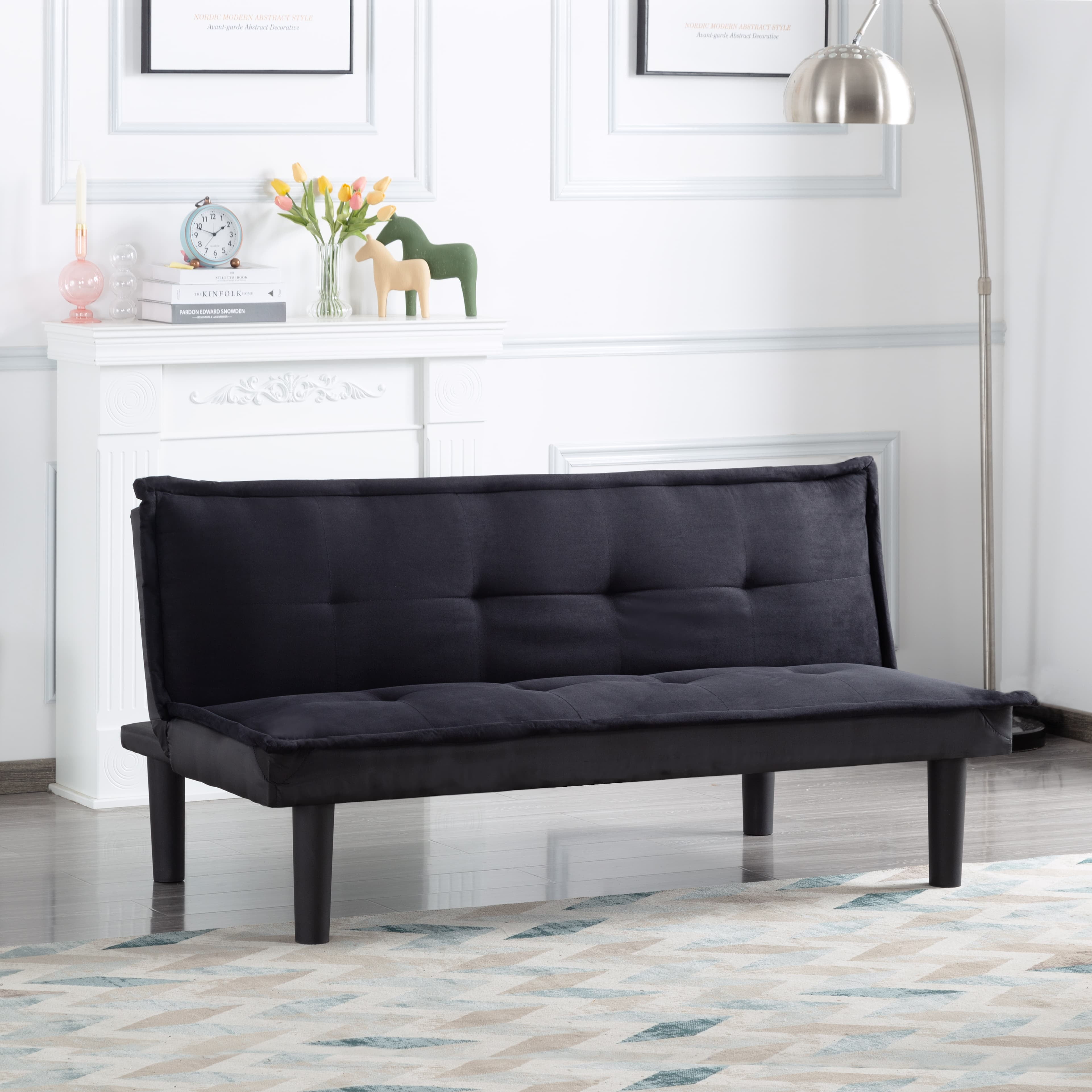 BSHTI 63.8 inch Futon Sofa Bed，Black Faux Suede Upholstered Sofa Couch,Convertible Sleeper Futon Sofa Bed for Livingroom