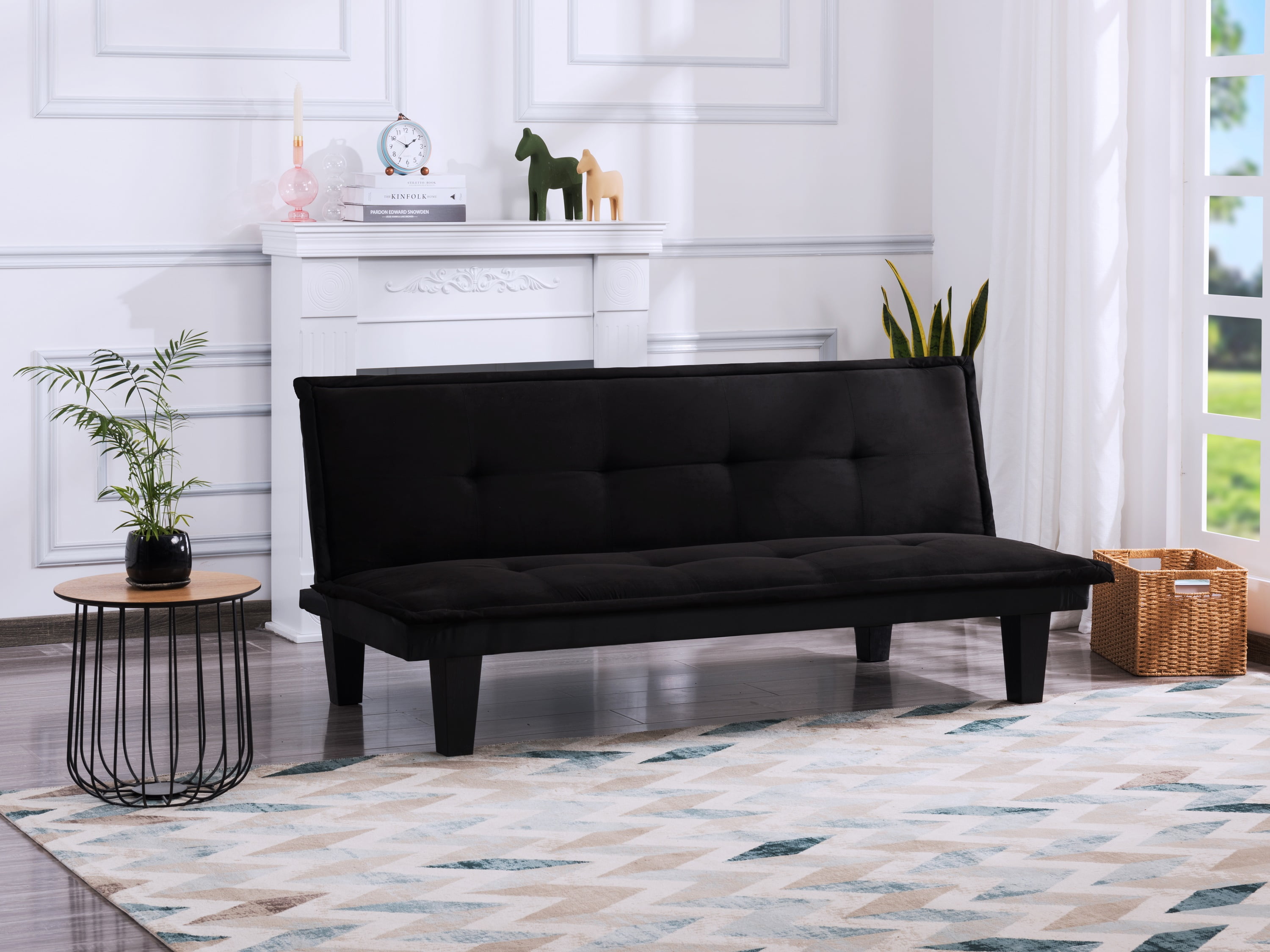 BSHTI 63.8 inch Futon Sofa Bed，Black Faux Suede Upholstered Sofa Couch