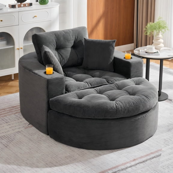 BSHTI 63" Corduroy Boneless Floor Sofa, Convertible Chaise with Ottoman & 3 Pillows, Deep Seat Lounge Chair for Living Room, Bedroom (Dark Gray)