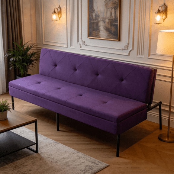BSHTI 63.39" Futon Sofa Bed with 5 Adjustable Positions – Polyester Fabric Convertible Sleeper Couch with Iron Frame, Clean-Lined Modern Design for Living Room, Apartment, Office, Dormitory, Purple
