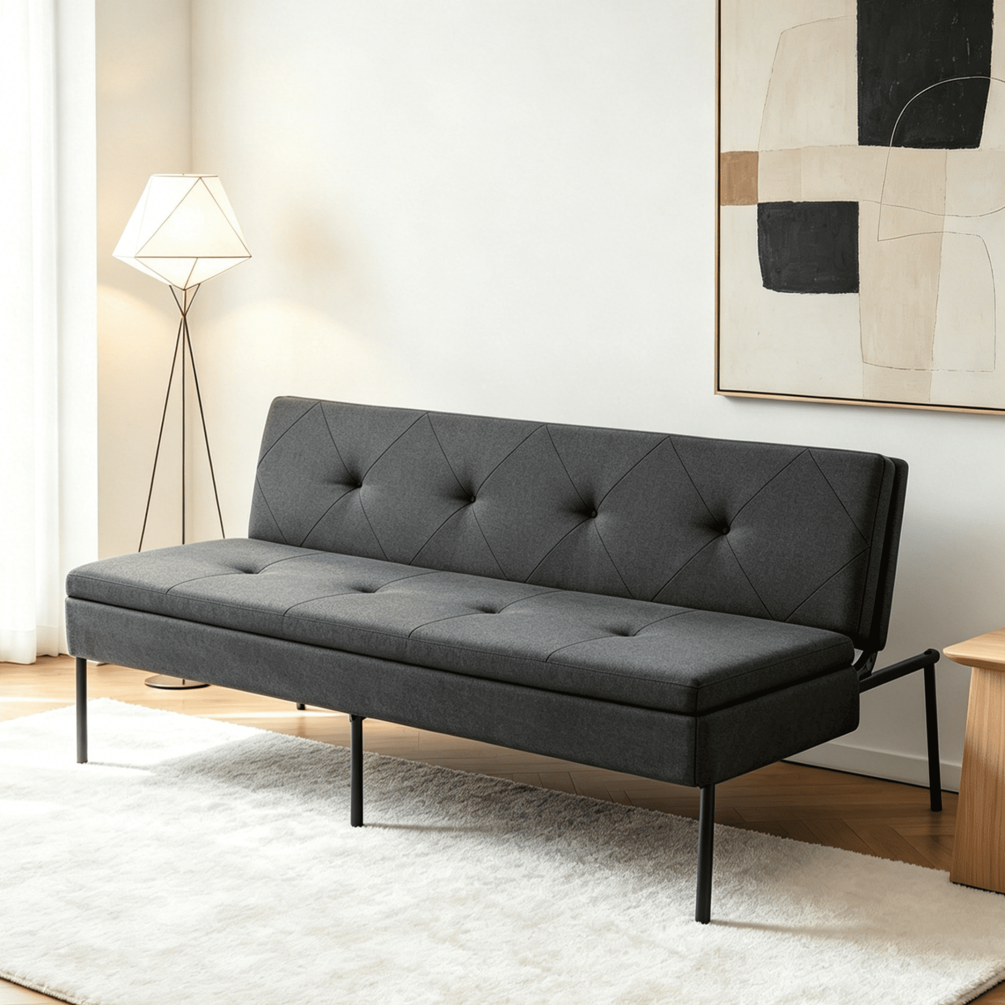 BSHTI 63.39” Futon Sofa Bed, 5 Adjustable Positions, Iron Frame with Black, Polyester Fabric, Convertible Sleeper for Living Room Office, Small Spaces,Dark Gray