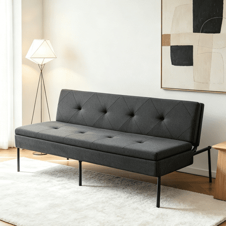 BSHTI 63.39” Futon Sofa Bed, 5 Adjustable Positions, Iron Frame with Black, Polyester Fabric, Convertible Sleeper for Living Room Office, Small Spaces,Dark Gray