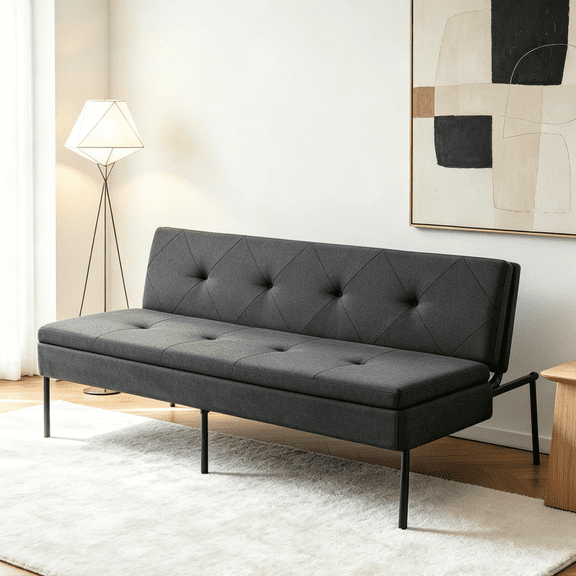 BSHTI 63.39” Futon Sofa Bed, 5 Adjustable Positions, Iron Frame with Black, Polyester Fabric, Convertible Sleeper for Living Room Office, Small Spaces,Dark Gray