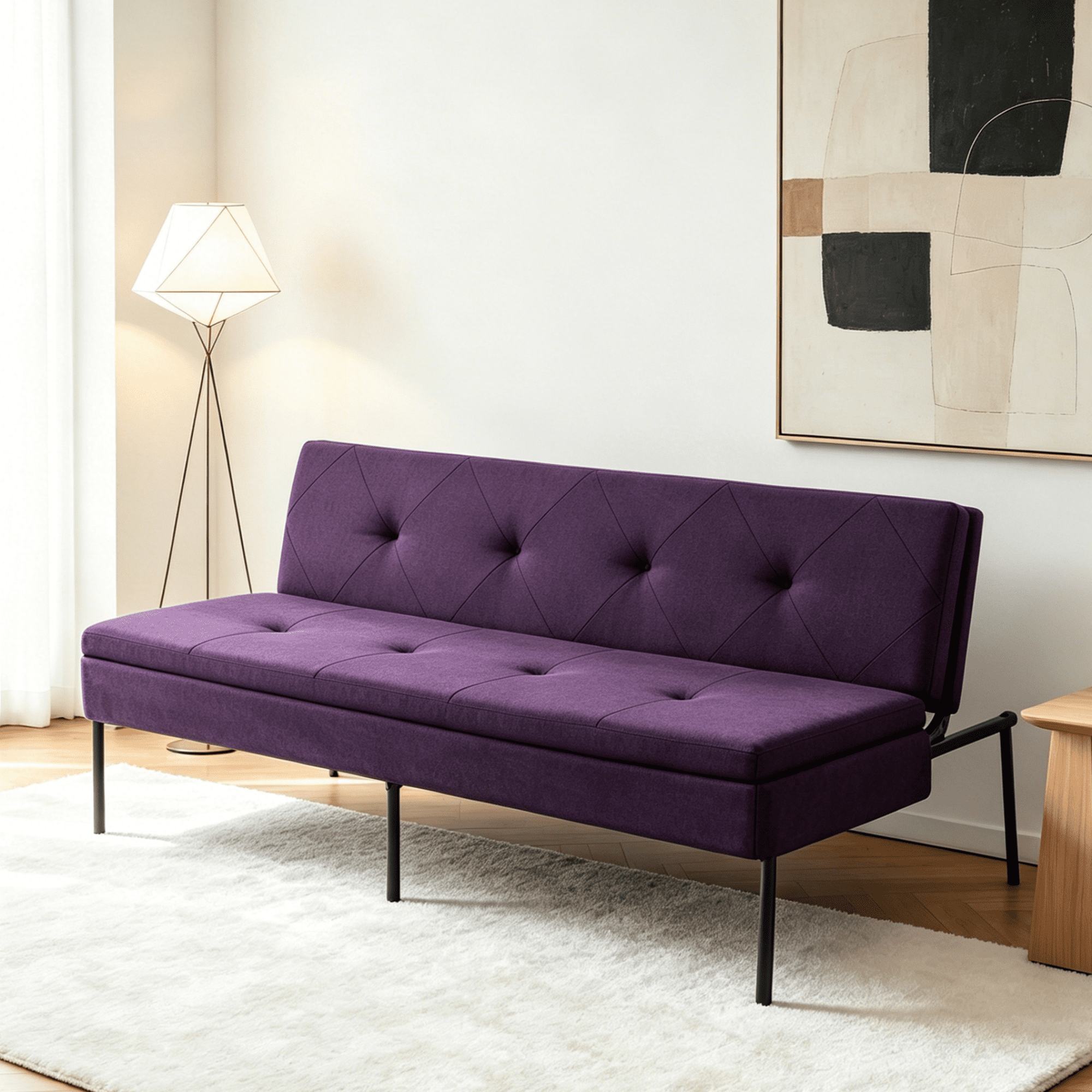 BSHTI 63.39” Futon Sofa Bed, 5 Adjustable Positions, Iron Frame with Black, Polyester Fabric, Convertible Sleeper for Living Room Office, Small Spaces,Purple