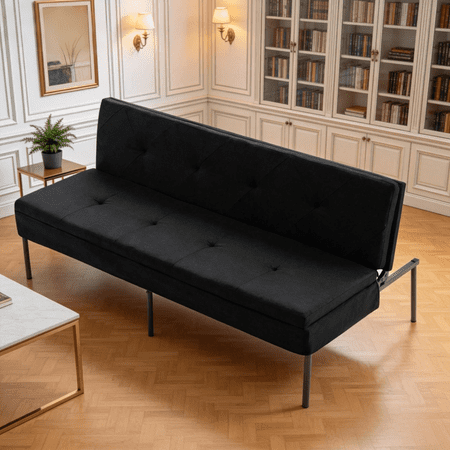 BSHTI 63.39" Futon Sofa Bed with 5 Adjustable Positions – Polyester Fabric Convertible Sleeper Couch with Iron Frame, Clean-Lined Modern Design for Living Room, Apartment, Office, Dormitory, Black