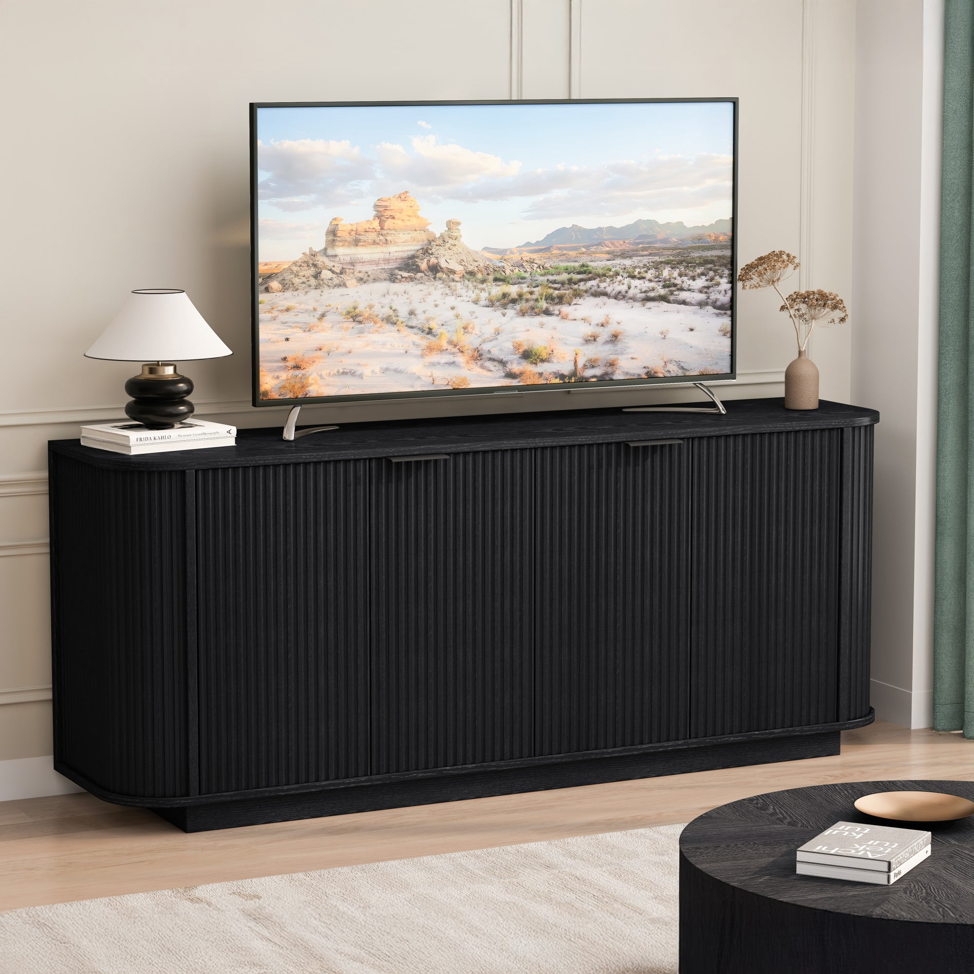 BSHTI 63" MDF Buffet Cabinet with Wavy Door Design, Adjustable Shelves, Sideboard Storage for Kitchen Living Room Dining（Black）