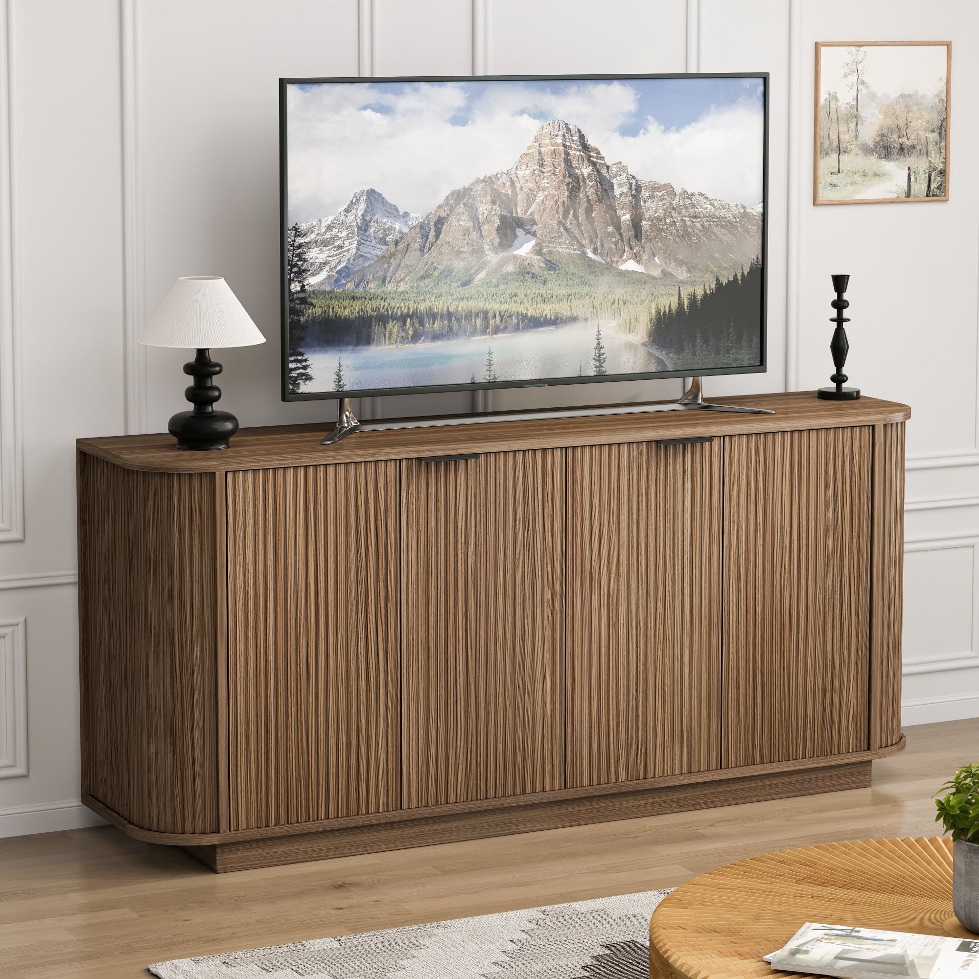 BSHTI 63" MDF Buffet Cabinet with Wavy Door Design, Adjustable Shelves, Sideboard Storage for Kitchen Living Room Dining（Brown）