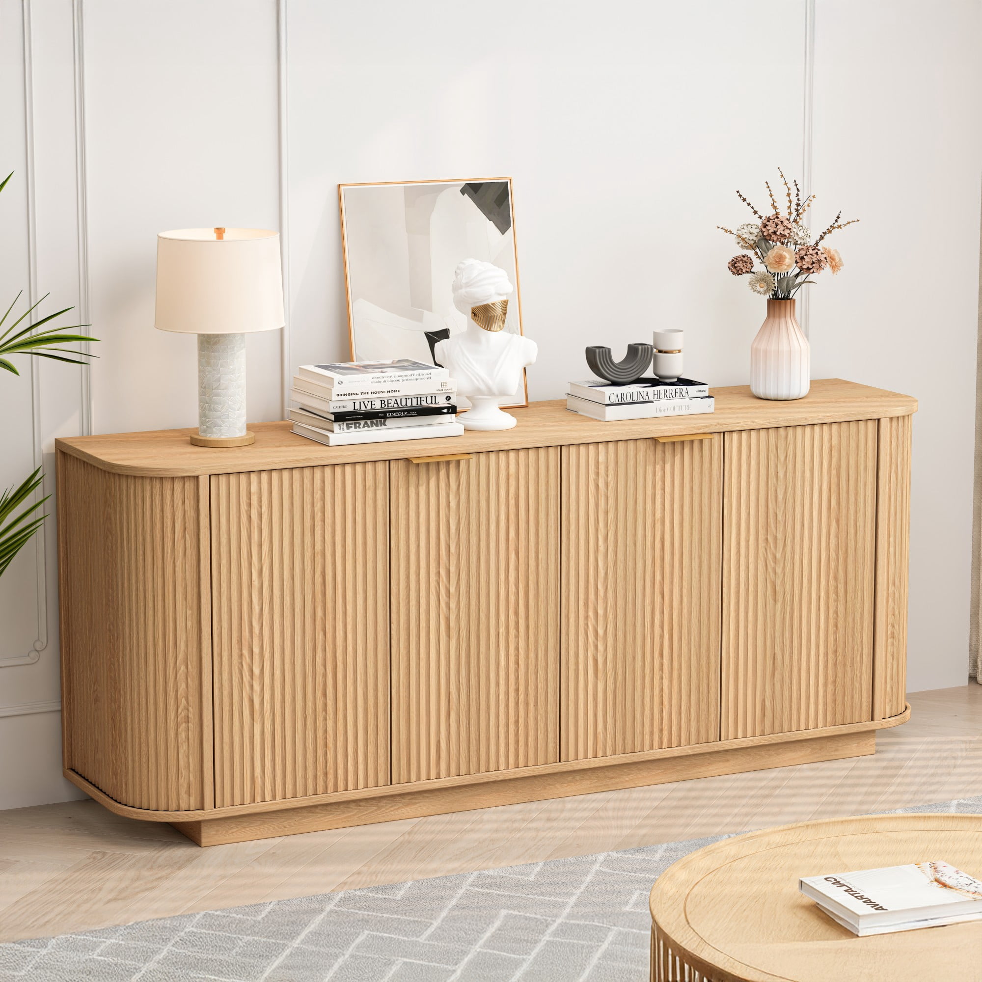 BSHTI 63" MDF Buffet Cabinet with Wavy Door Design, Adjustable Shelves, Sideboard Storage for Kitchen Living Room Dining（Natural）