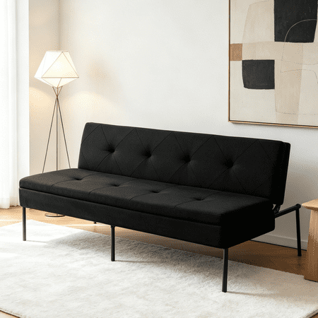 BSHTI 63.39” Futon Sofa Bed, 5 Adjustable Positions, Iron Frame with Black, Polyester Fabric, Convertible Sleeper for Living Room Office, Small Spaces, Black