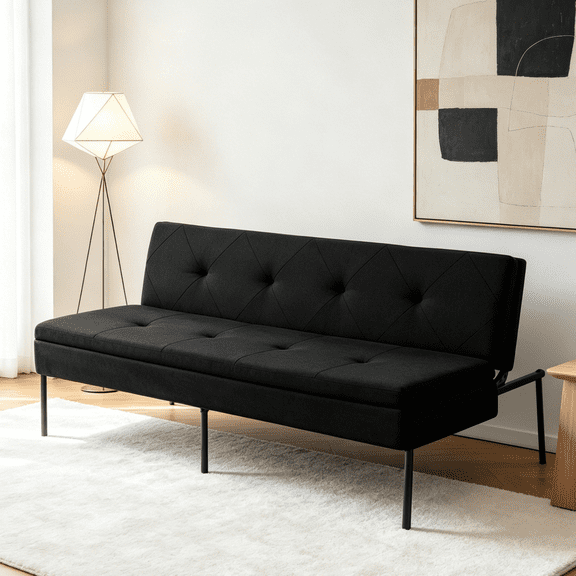 BSHTI 63.39” Futon Sofa Bed, 5 Adjustable Positions, Iron Frame with Black, Polyester Fabric, Convertible Sleeper for Living Room Office, Small Spaces, Black