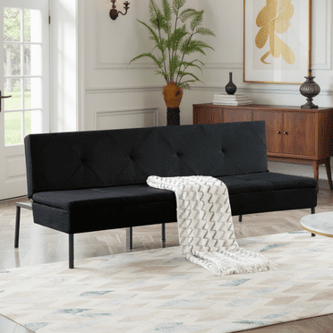BSHTI 63 inch Futon Sofa Bed,Polyester Fabric Futon Sleeper Sofa with Upholstered for Livingroom,Black