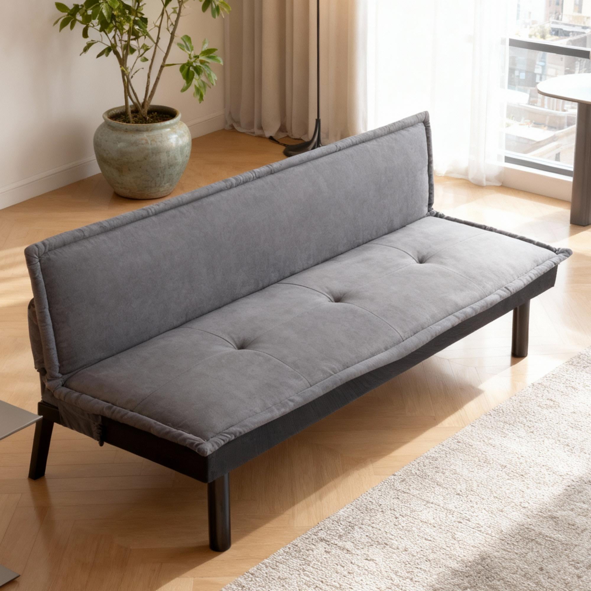 BSHTI 64.6” Futon Convertible Sofa Bed, Twin-Size Sleeper Sofa, with 5 Positions Adjusted Backrest, Velvet Upholstery, for Home, Office, or Guest Room, Dark Gray