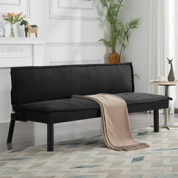 BSHTI 64.6” Futon Sofa Bed,Velvet Upholstery,Twin Size Convertible Sofa,With 5 Adjustable Positions,Perfect Meet your Different Needs-Black