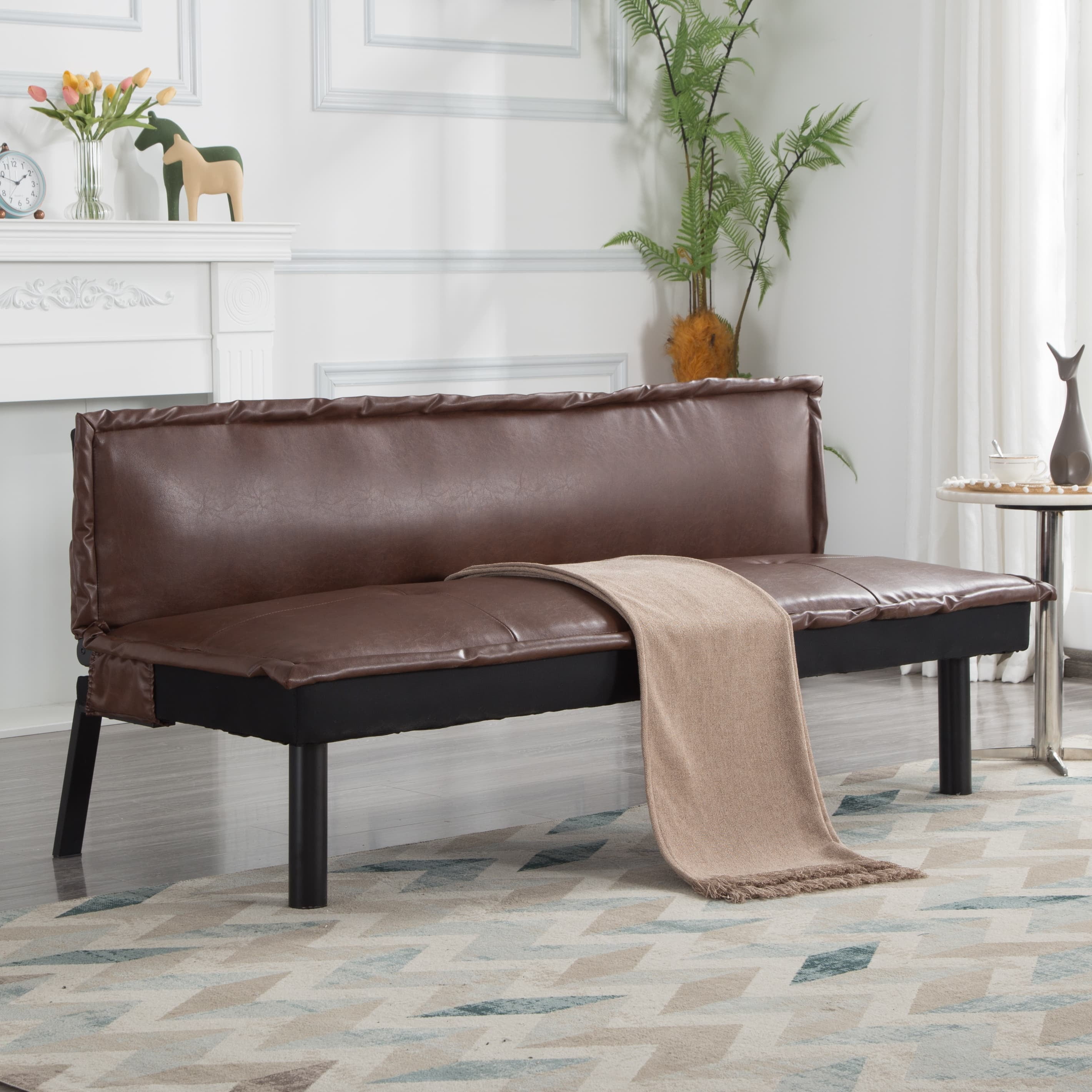 BSHTI 64.6” Futon Sofa Bed,PU Upholstery,Twin Size Convertible Sofa,With 5 Adjustable Positions,Perfect Meet your Different Needs-Brown