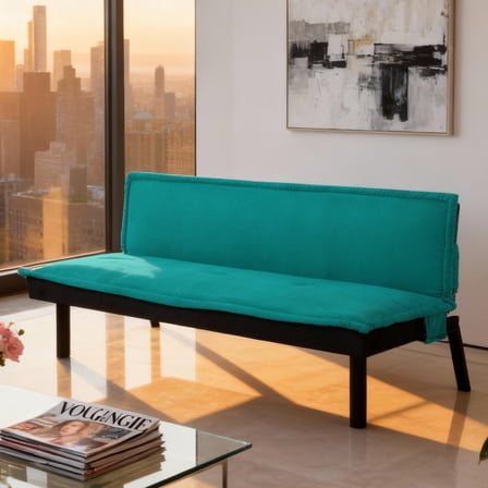 BSHTI 64.6” Twin Size Futon Sofa Bed,Velvet Upholstery,Manufactured Wood Frame,Futon Convertible Sofa,Perfect for Small Spaces(Green)