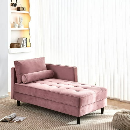 BSHTI 64" Velvet Chaise,Mid-Century Modern Chaise Furniture,Sleeper for Living Room,Apartment,Tool-Free Assembly. (Pink)