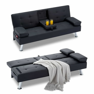 BSHTI 65.3” Futon Sleeper Sofa Bed,Tailored PU Upholstery Futon Sleeper,3 Angles for Adjusting Sofa,for Home,Office,and Guest Room Black