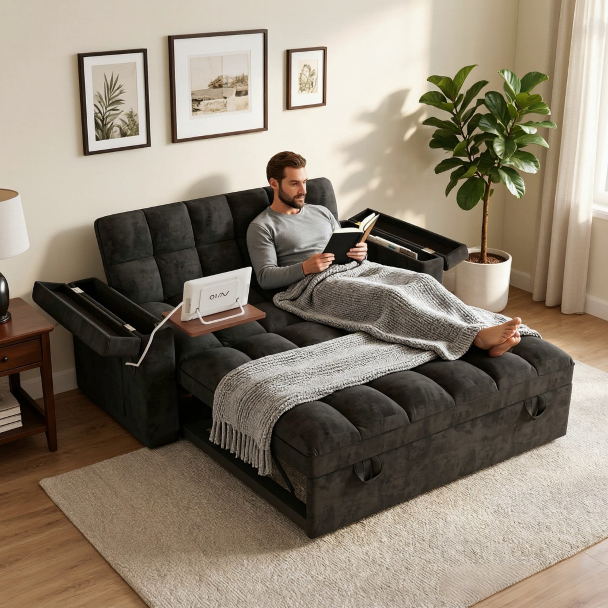 BSHTI 65" 3-in-1 Velvet Foldable Sofa Bed with USB Port & Table Board – 5-Position Adjustable Backrest, Storage Armrests, Large Convertible Sleeper Couch for Living Room, Apartment, Office,Black