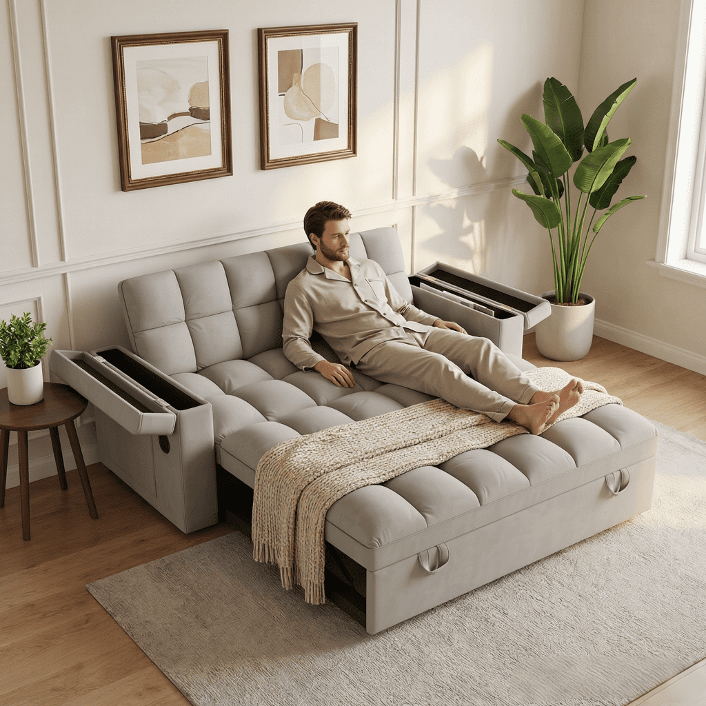 BSHTI 65" 3-in-1 Velvet Foldable Sofa Bed with USB Port & Table Board – 5-Position Adjustable Backrest, Storage Armrests, Large Convertible Sleeper Couch for Living Room, Apartment, Office,Light Gray