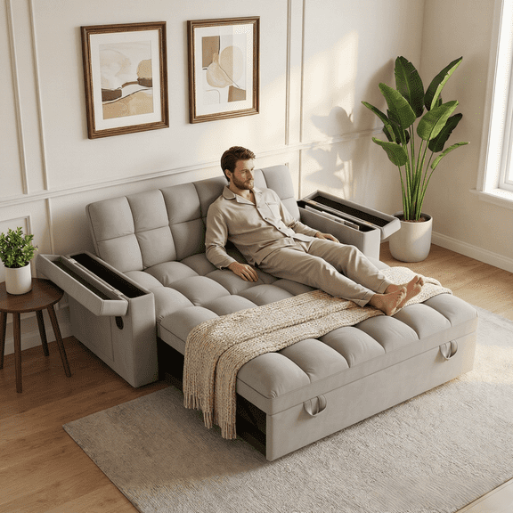 BSHTI 65" 3-in-1 BSHTI 65" Velvet Convertible Sleeper Couch with 5-Position Adjustable Backrest, USB Port, Storage Armrests for Living Room, Apartment, Office (Light Gray)