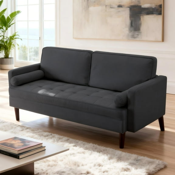 BSHTI 65” Modern Loveseat, Fine Linen Upholstery, Manufactured Wood Frame, Detachable Back Cushions, with Two Matching Bolster Pillows, Dark Gray