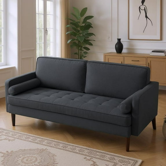 BSHTI 65” Modern Loveseat, Removable Cushion Covers, with 2 Bolster Pillows, Fine Linen Upholstery Couch, Easy Setup, Dark Gray