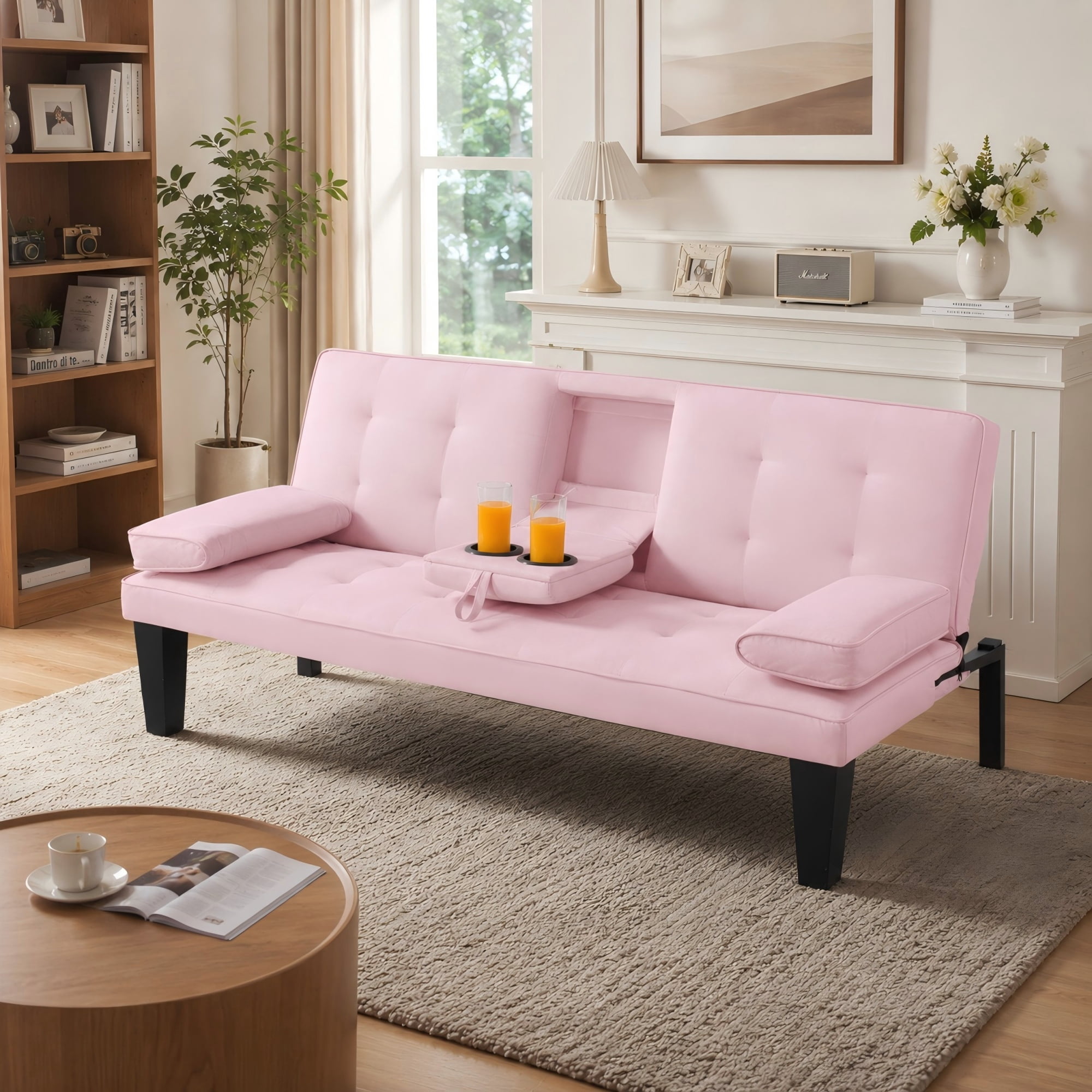BSHTI 65" PU Futon Sofa Bed with Drop-Down Console, Cup Holders, 3-Position Backrest, Arm Cushions, Chrome Legs for Living Room（Pink）