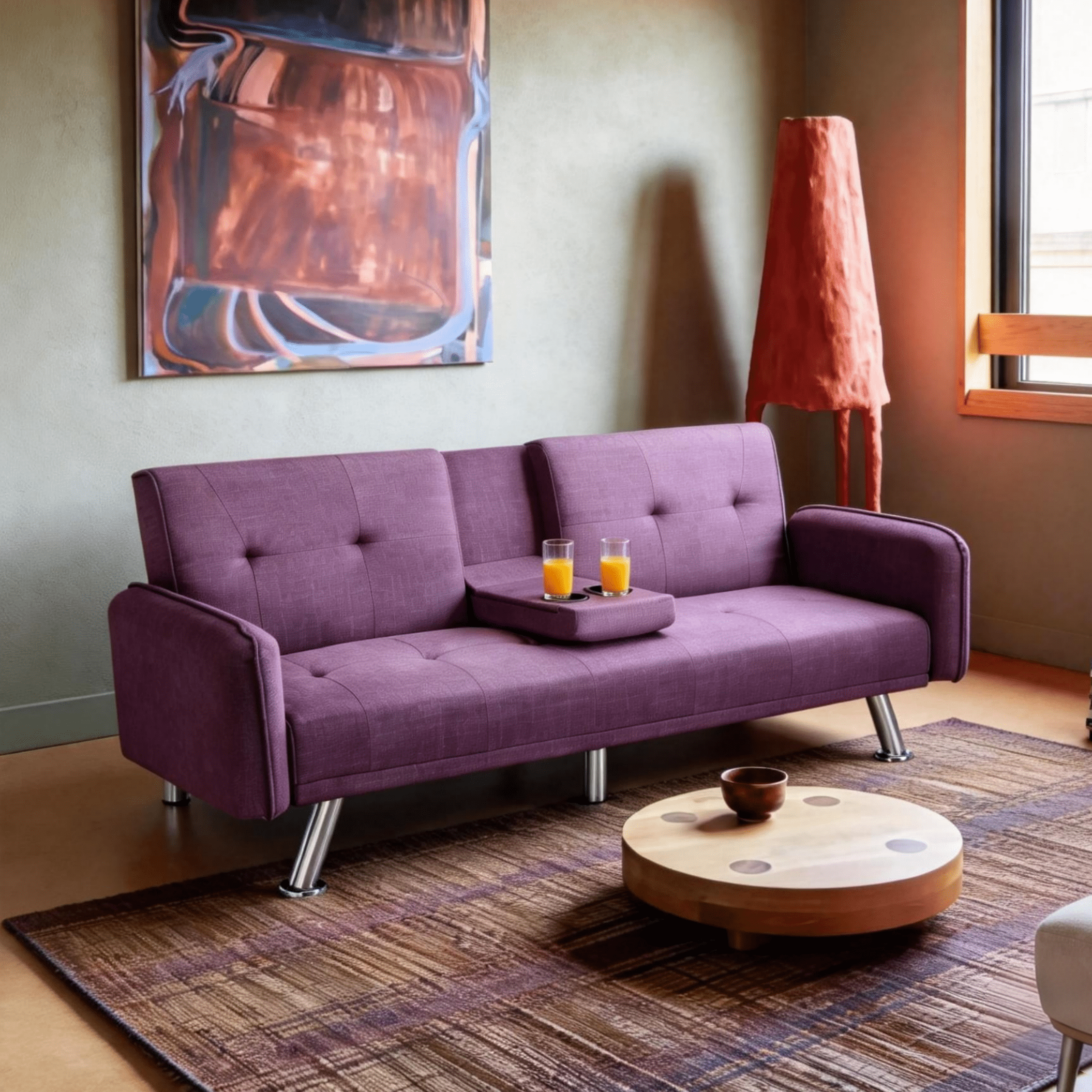 BSHTI 74.4" Futon Sleeper Sofa Bed with Drop-Down Middle Back & 2 Cup Holders – 3-Position Adjustable Backrest, Linen Upholstery, Chrome Metal Legs, for Home, Office, Guest Room,Purple