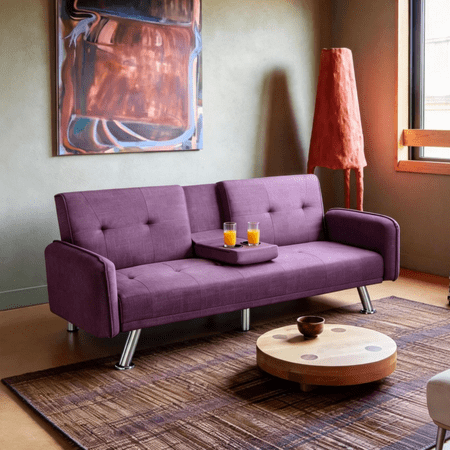 BSHTI 74.4" Futon Sleeper Sofa Bed with Drop-Down Middle Back & 2 Cup Holders – 3-Position Adjustable Backrest, Linen Upholstery, Chrome Metal Legs, for Home, Office, Guest Room,Purple
