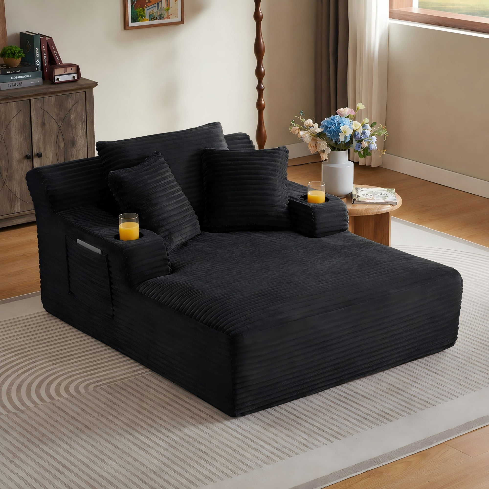 BSHTI 66.1" Corduroy Oversized Chaise Lounge Chair with Cup Holder, Side Pockets and Boneless Design for Living Room（Black）