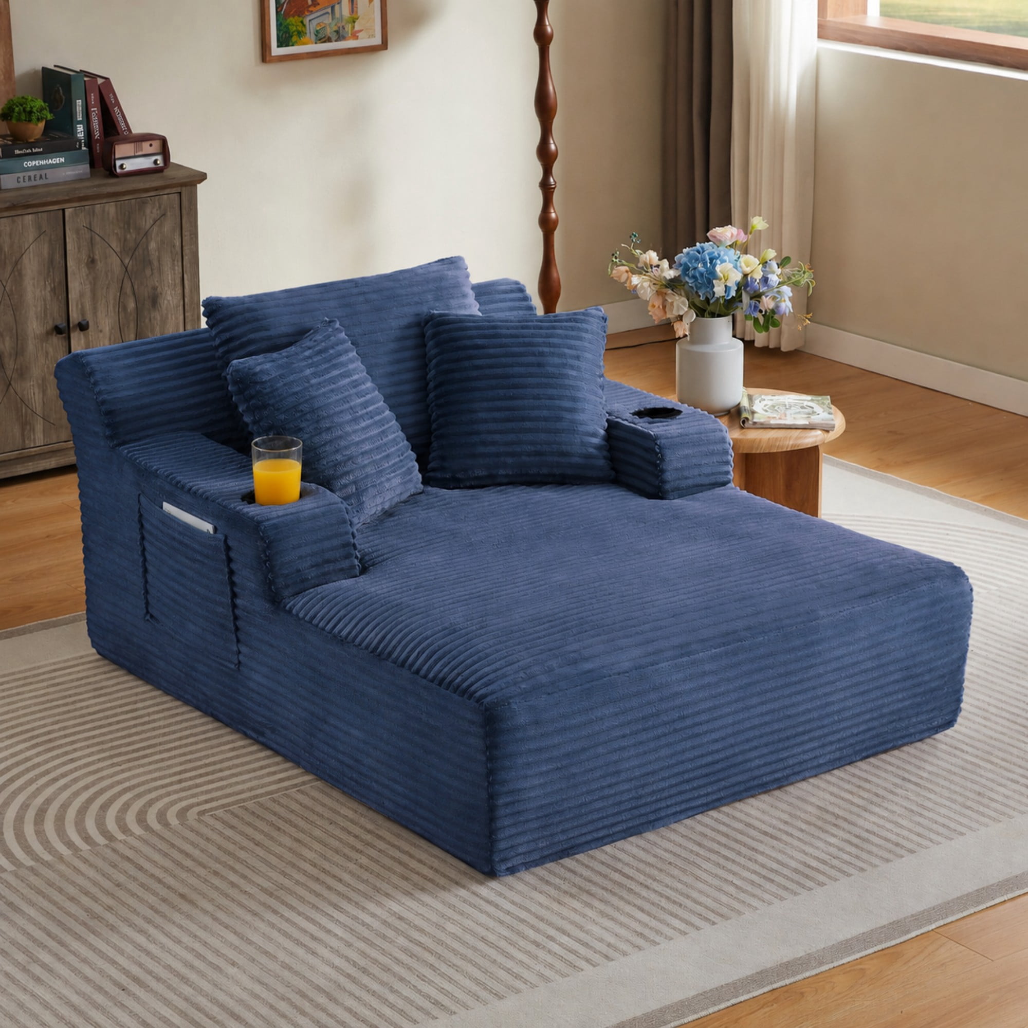 BSHTI 66.1" Corduroy Oversized Chaise Lounge Chair with Cup Holder, Side Pockets and Boneless Design for Living Room（Blue）