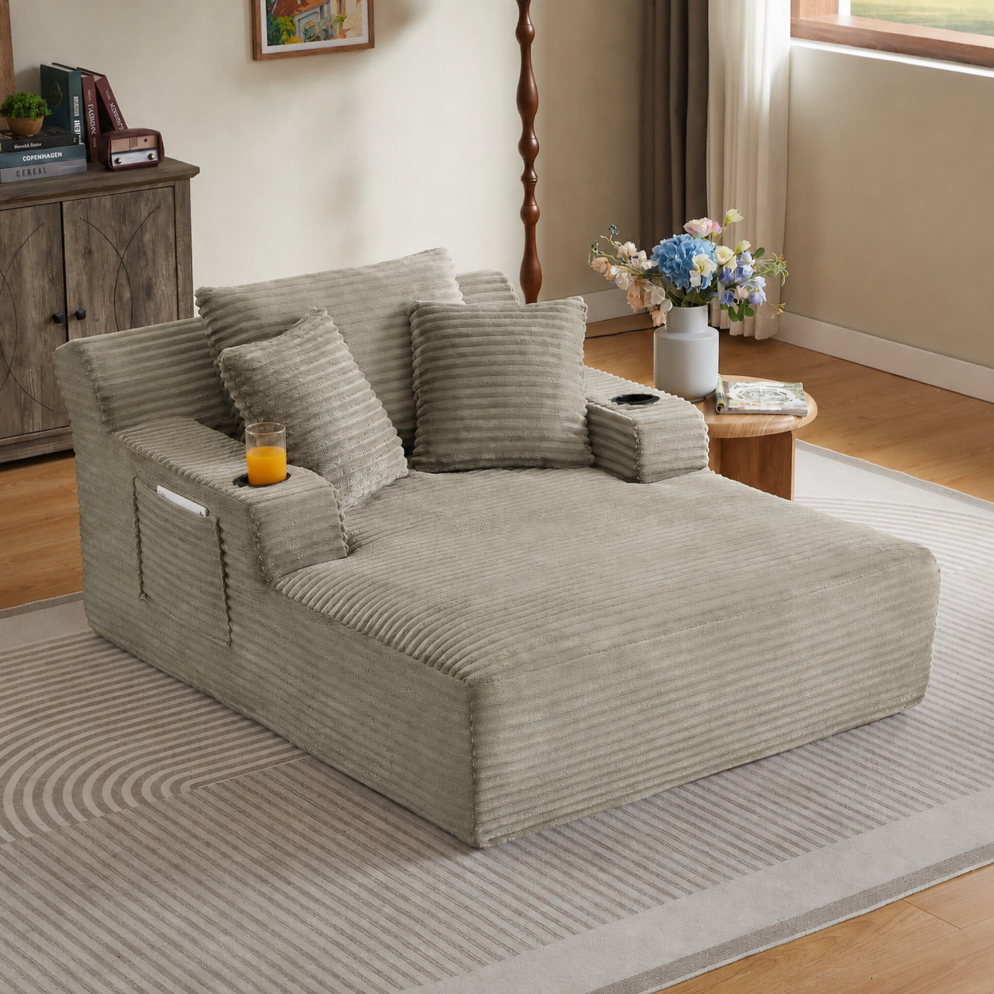 BSHTI 66.1" Corduroy Oversized Chaise Lounge Chair with Cup Holder, Side Pockets and Boneless Design for Living Room（Camel）
