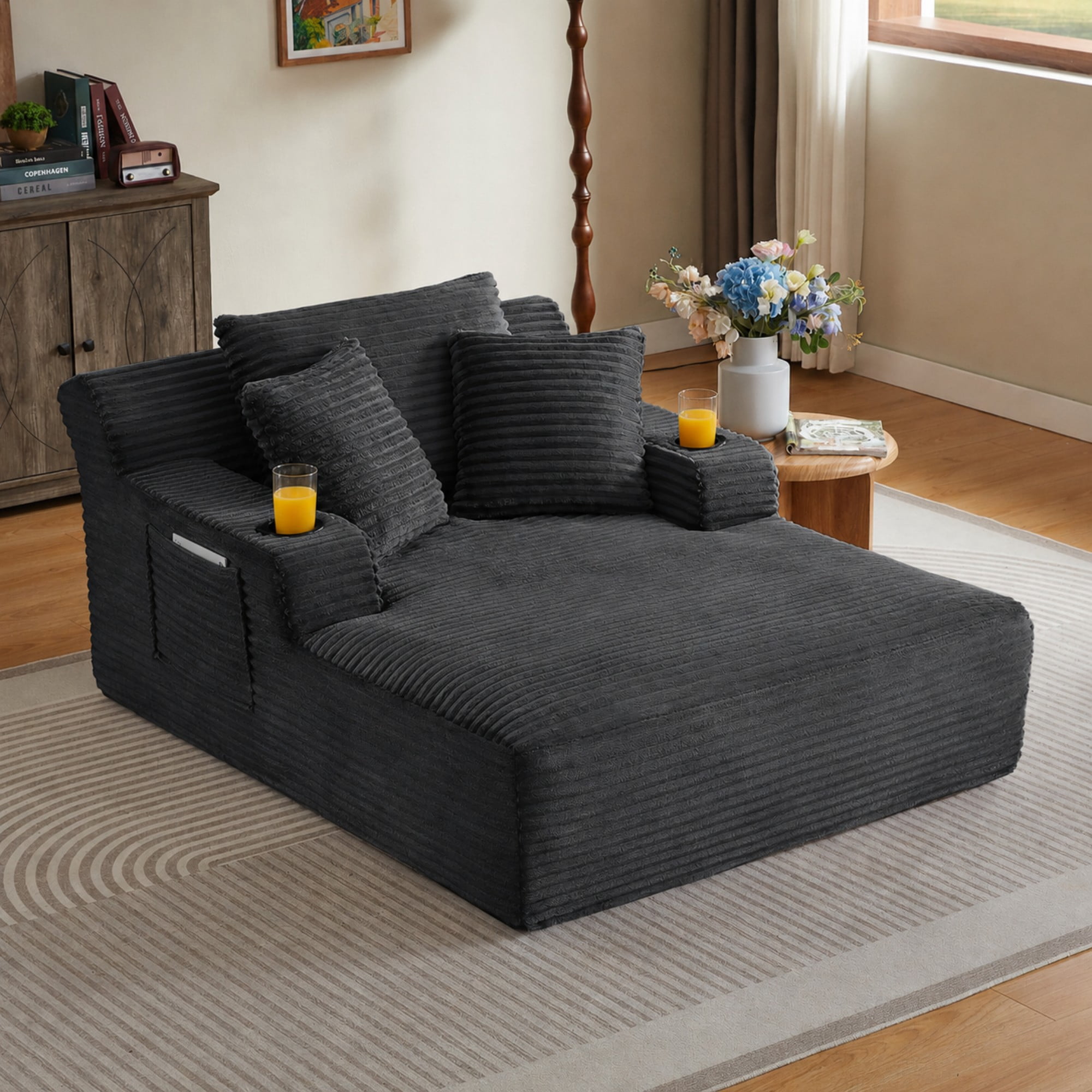 BSHTI 66.1" Corduroy Oversized Chaise Lounge Chair with Cup Holder, Side Pockets and Boneless Design for Living Room（Dark Gray）