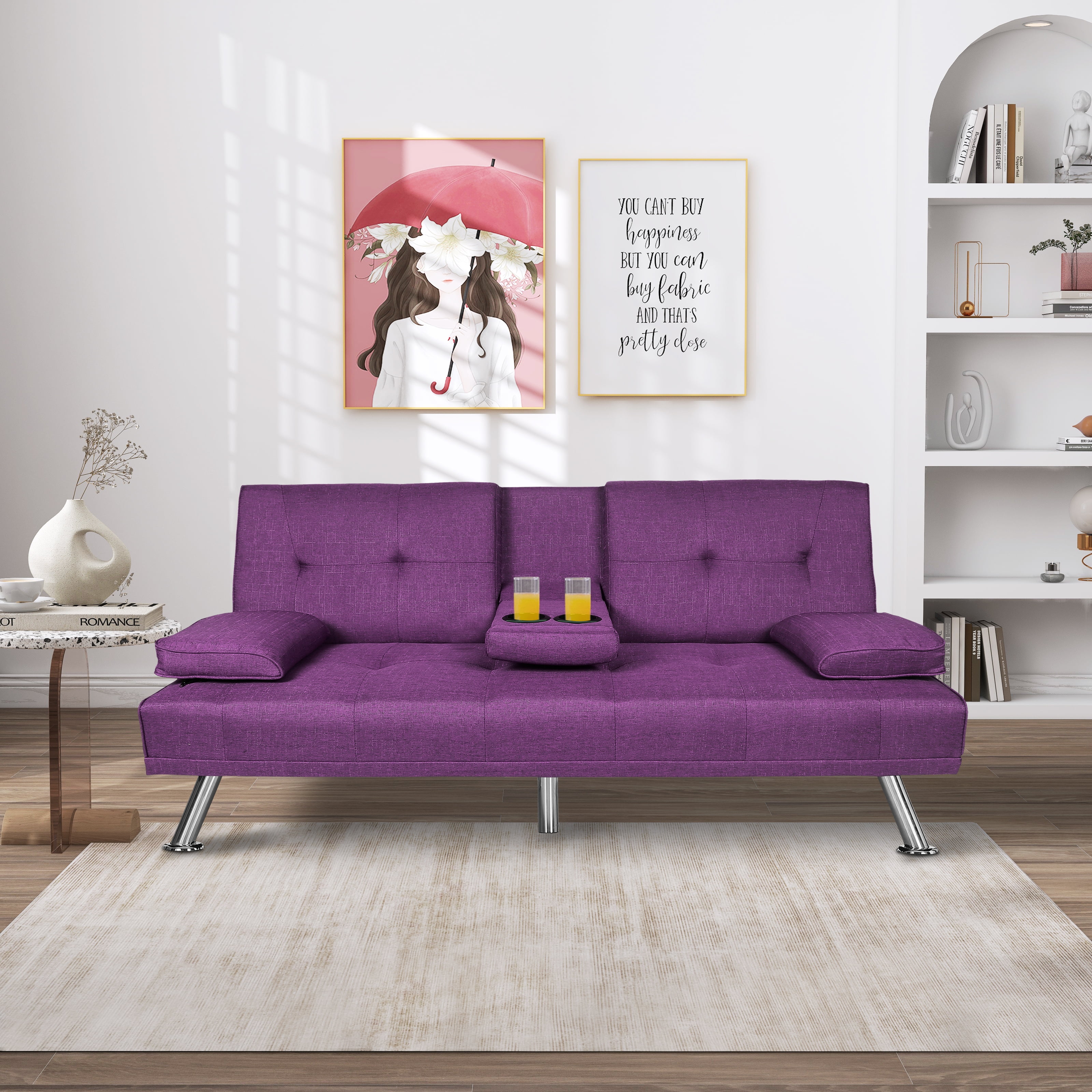 BSHTI 66.3 Ihch Futon Sofa Bed,Twin Futon Sleeper Tufted Back Convertible Sofa with 2 Cup