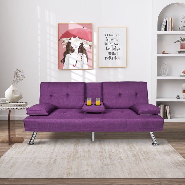 BSHTI 66.3 Ihch Futon Sofa Bed,Twin Futon Sleeper Tufted Back Convertible Sofa with 2 Cup