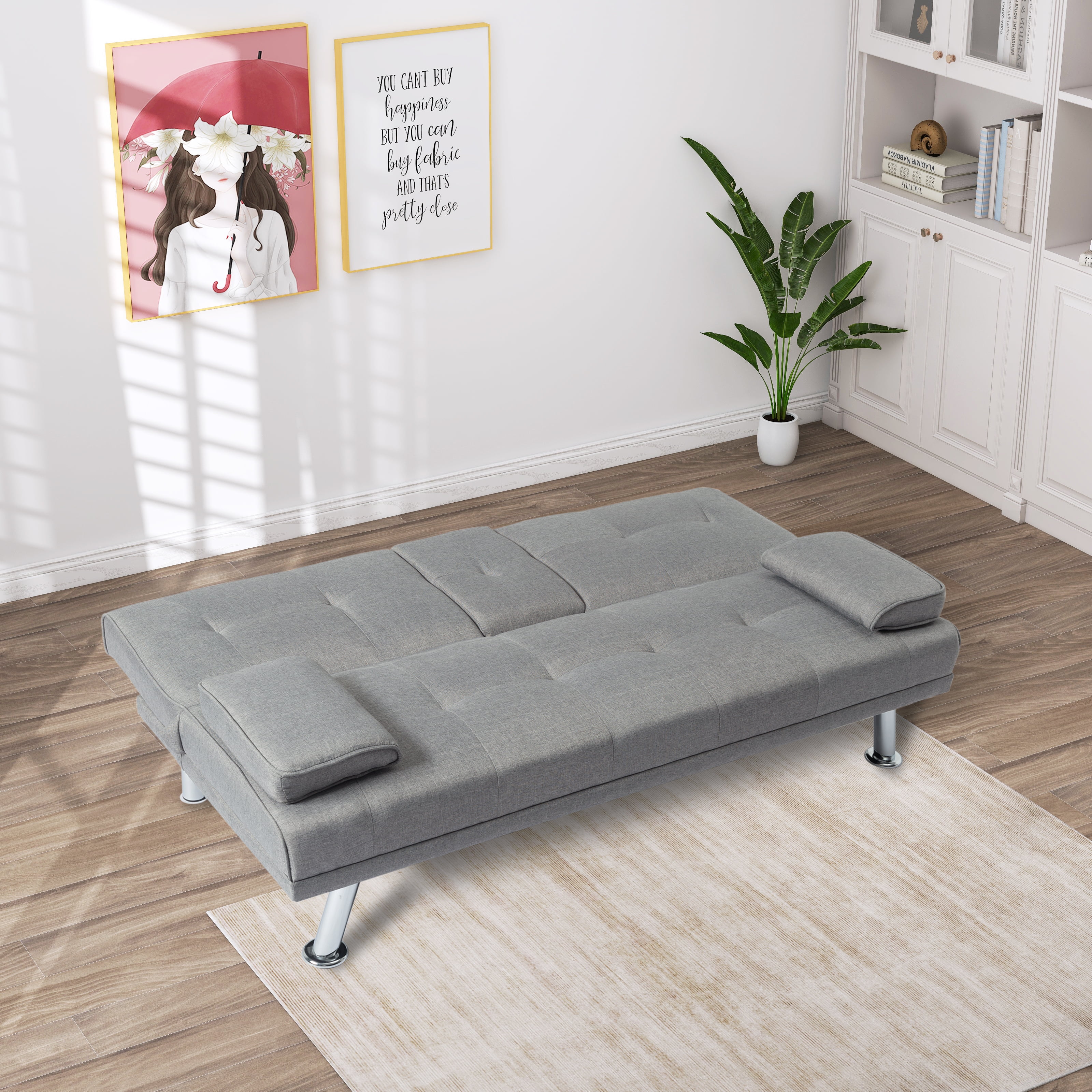 BSHTI 66.3 Ihch Futon Sofa Bed,Twin Futon Sleeper Tufted Back Convertible Sofa with 2 Cup