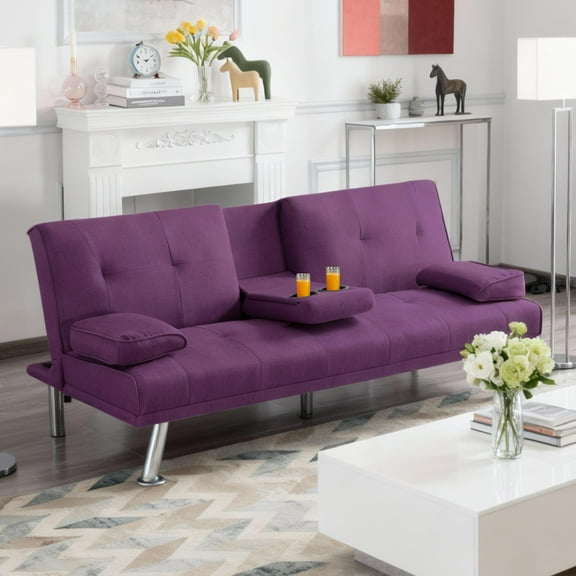 BSHTI 66.3 inch Futon Sleeper Sofa Bed,Twin Size Futon Sleeper,Purple Polyester Upholstery Sofa Bed,for your Home,Office,and Guest Room