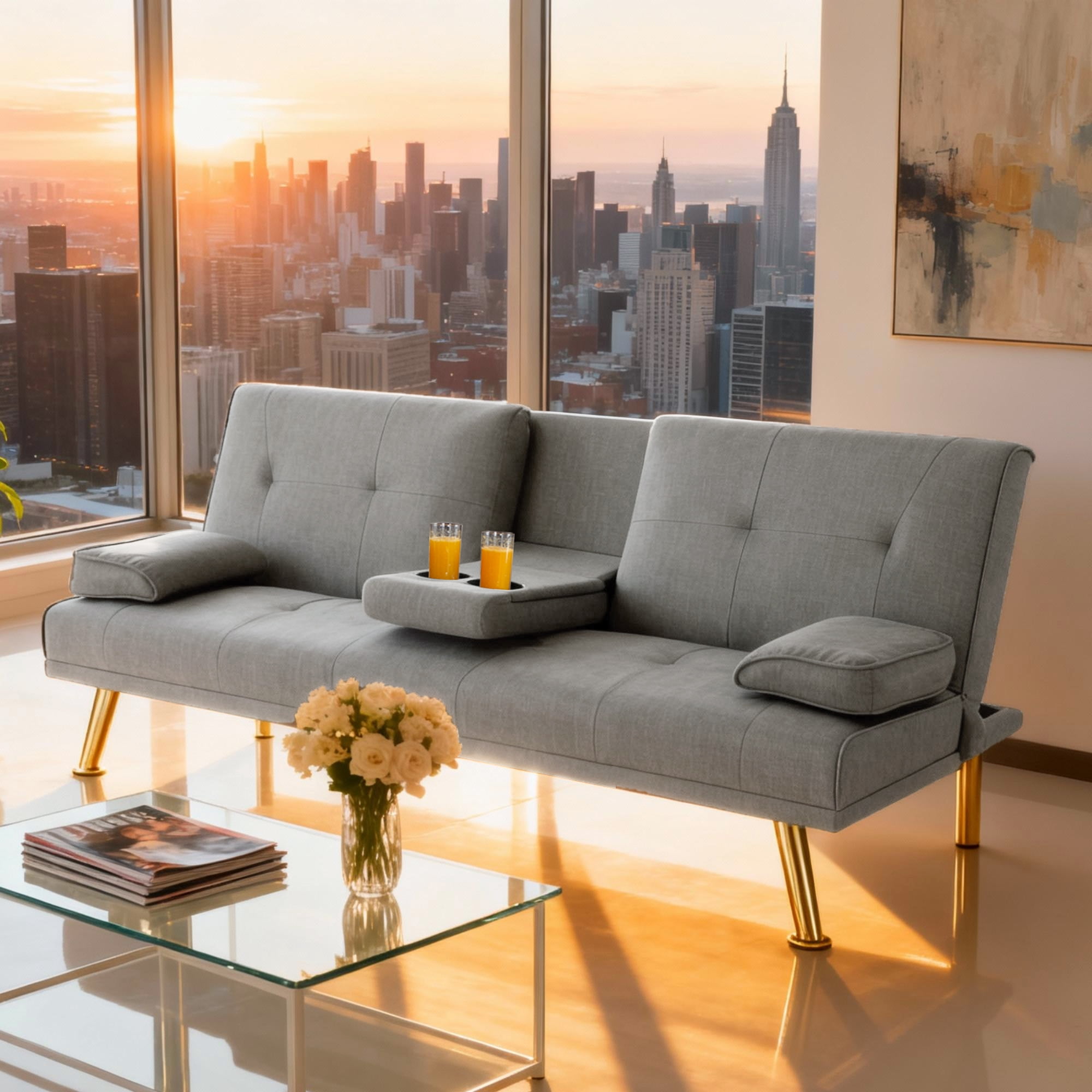 BSHTI 66.3 inch Futon Sleeper Sofa Bed,Twin Size Futon Sleeper,Light Gray Polyester Upholstery Sofa Bed,for your Home,Office,and Guest Room