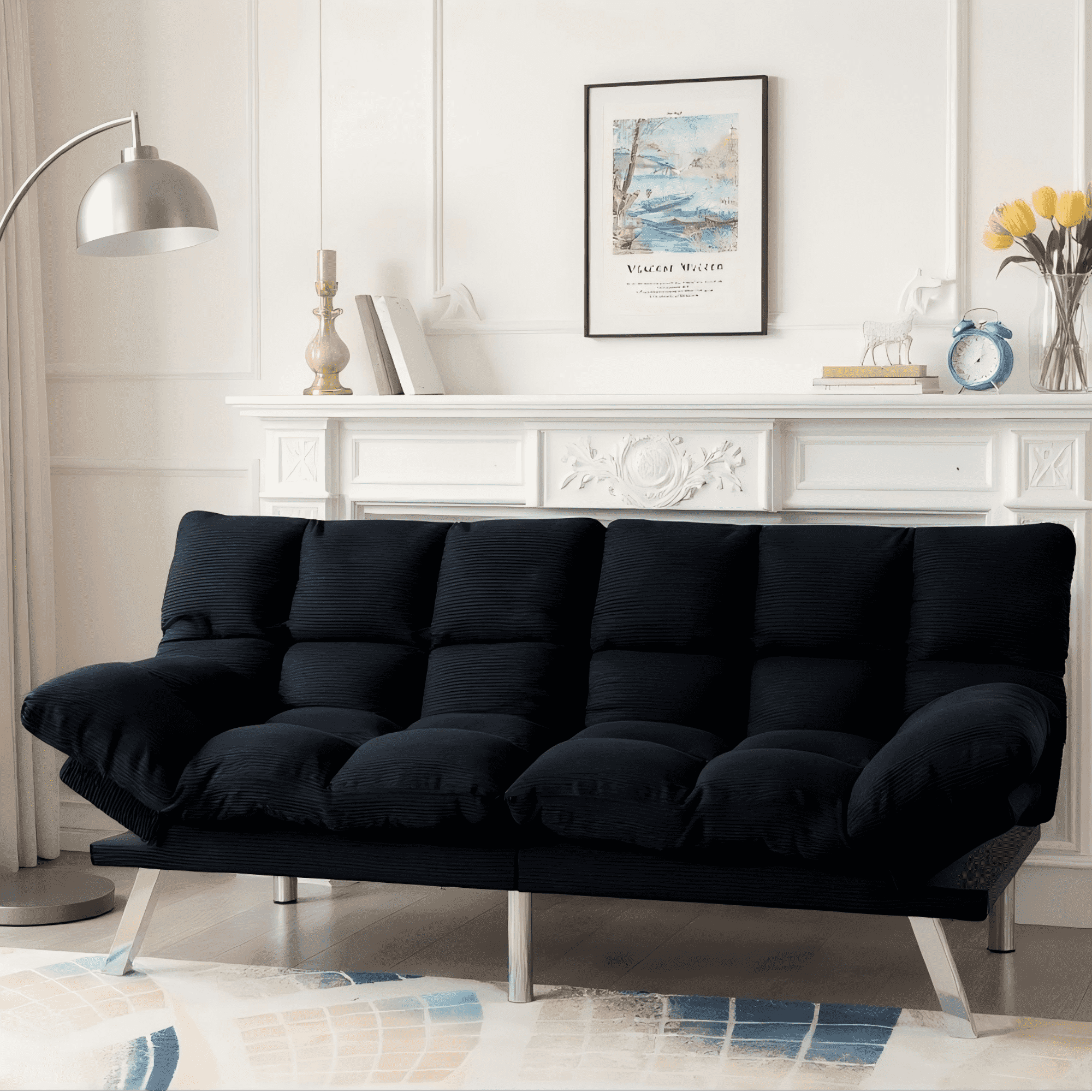 BSHTI Corduroy Futon Sofa Bed, 67.3" 3 in 1 Convertible Sofa Bed with Adjustable Armrests, Split-Back Design, Loveseat Sofabed for Apartment, Living Room, Office(Black)