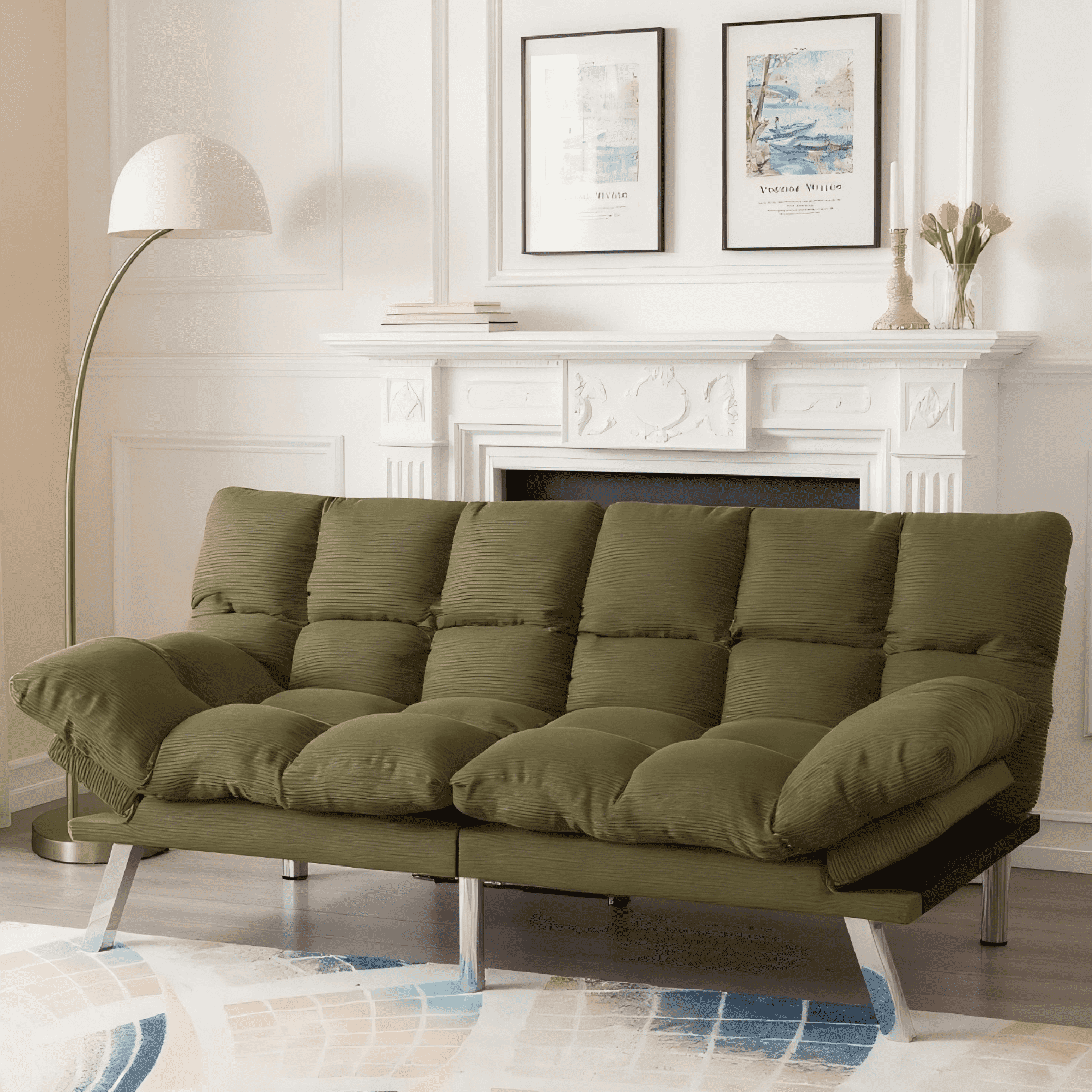BSHTI Corduroy Futon Sofa Bed, 67.3" 3 in 1 Convertible Sofa Bed with Adjustable Armrests, Split-Back Design, Loveseat Sofabed for Apartment, Living Room, Office(Green)