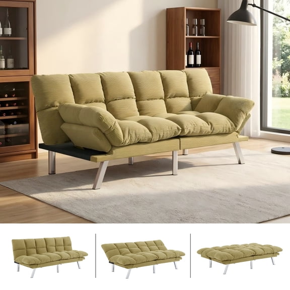 BSHTI 67.3" Futon Sofa Bed, Corduroy 3 in 1 Convertible Sofa Bed with Adjustable Backrest, Split-Back Design, Loveseat Sofabed for Living Room, Office, Guest Room, Yellow