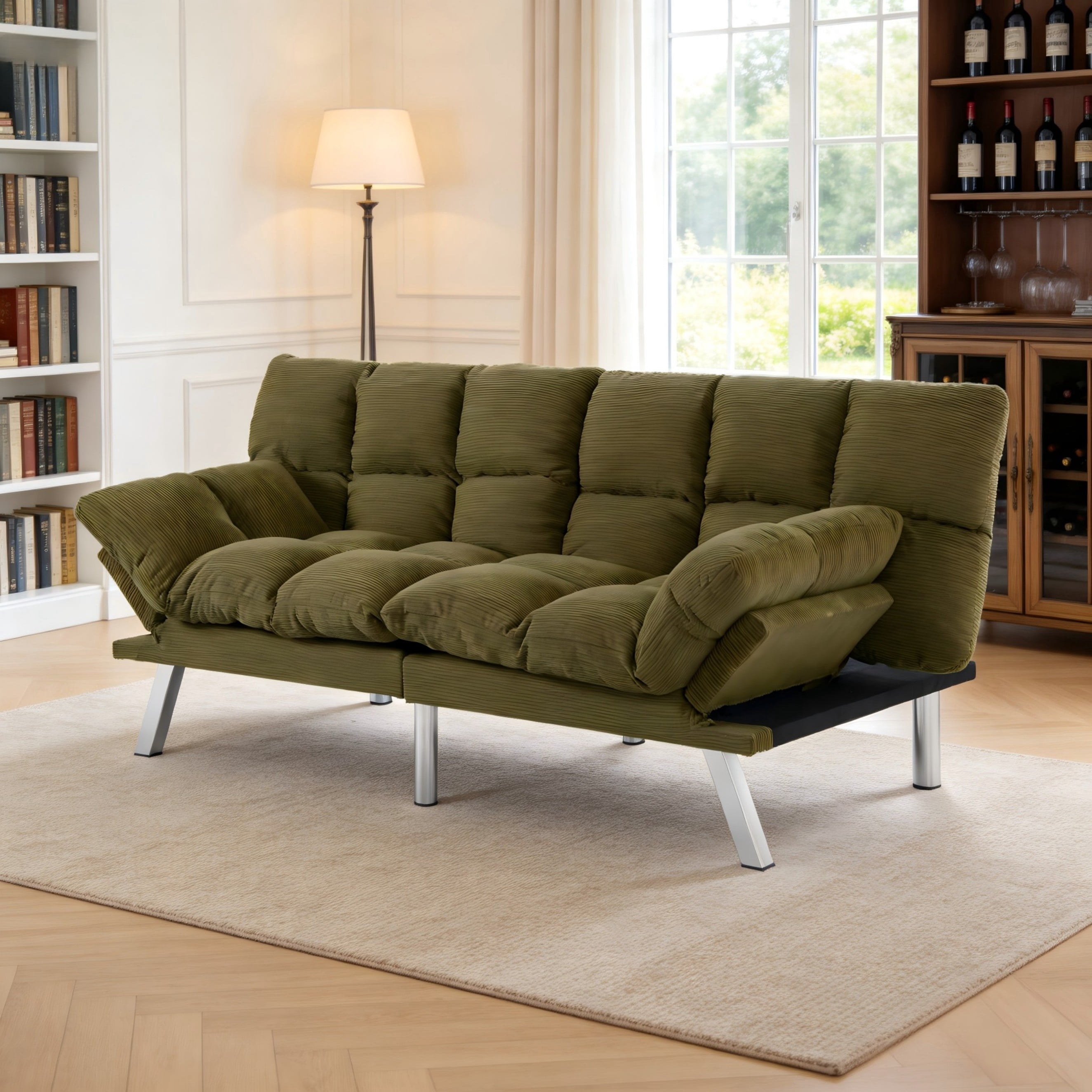BSHTI 67.3" Futon Sofa Bed, Corduroy 3 in 1 Convertible Sofa Bed with Adjustable Backrest, Split-Back Design, Loveseat Sofabed for Living Room, Office, Guest Room, Green