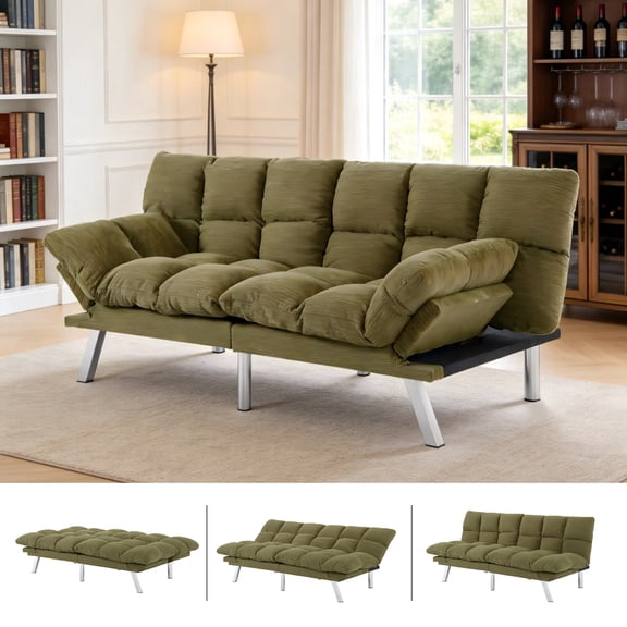BSHTI 67.3" Futon Sofa Bed, Corduroy 3 in 1 Convertible Sofa Bed with Adjustable Backrest, Split-Back Design, Loveseat Sofabed for Living Room, Office, Guest Room, Green