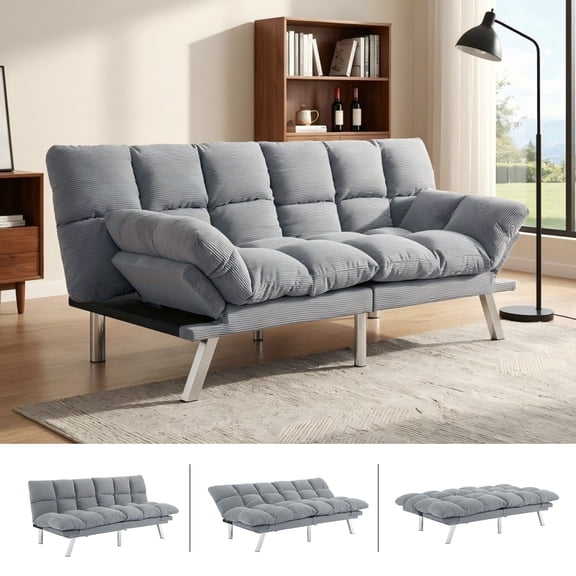 BSHTI 67.3" Futon Sofa Bed, Corduroy 3 in 1 Convertible Sofa Bed with Adjustable Backrest, Split-Back Design, Loveseat Sofabed for Living Room, Office, Guest Room, Light Gray