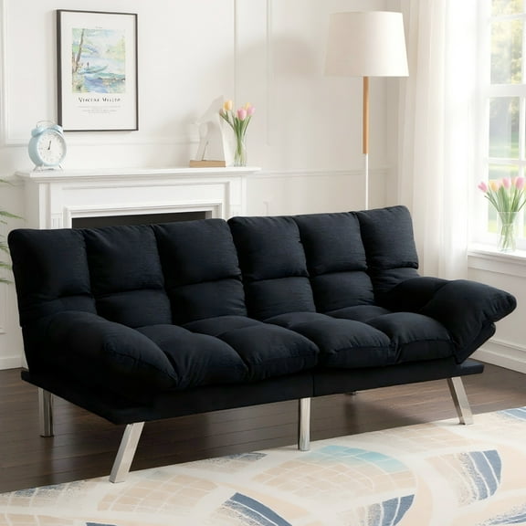 BSHTI 67.3” Futon Sofa Bed, Convertible to Twin Sleeper, Featuring a Split Back, 3-Position Adjustable Backrest, Corduroy Upholstery for Living Room, Office, Coal-black