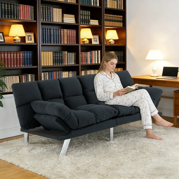 BSHTI 67.3” Futon Sofa Bed, Convertible to Twin Sleeper, Featuring a Split Back, 3-Position Adjustable Backrest, Corduroy Upholstery for Living Room, Office, Coal-black