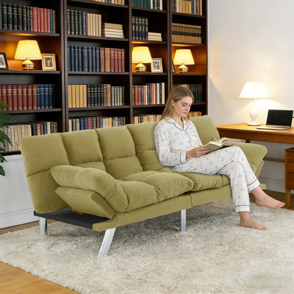 BSHTI 67.3” Futon Sofa Bed, Converts to Twin Sleeper in Seconds, 3-Position Adjustable Backrest, Corduroy Upholstery for Living Room, Office, Guest Room